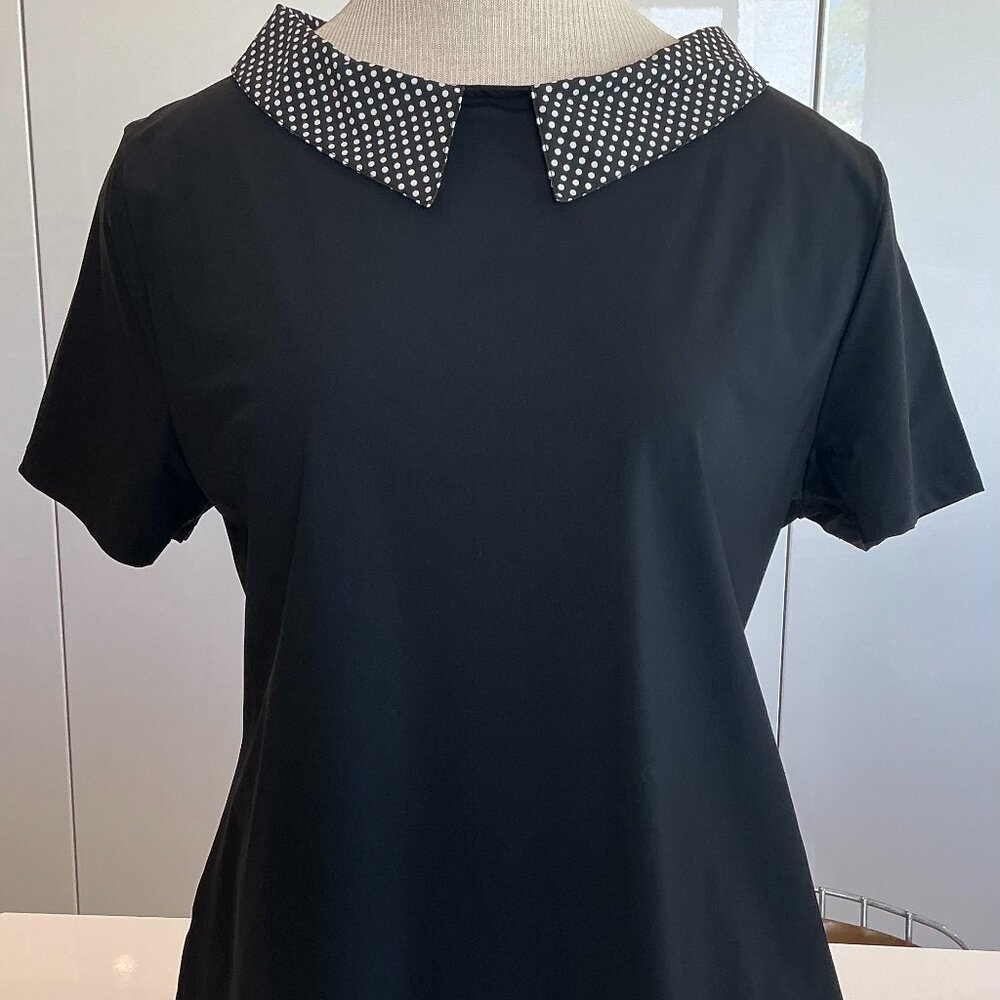 Movetes, Activewear Top, Black with Polka Dot Collar, Size Large